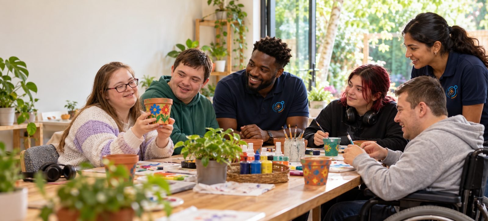 Young people painting plant pots with Involvement Support staff
