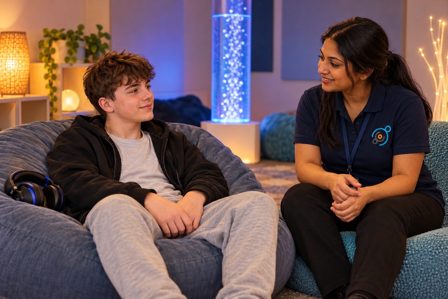 A young man relaxing in a calm sensory room, talking with his support worker