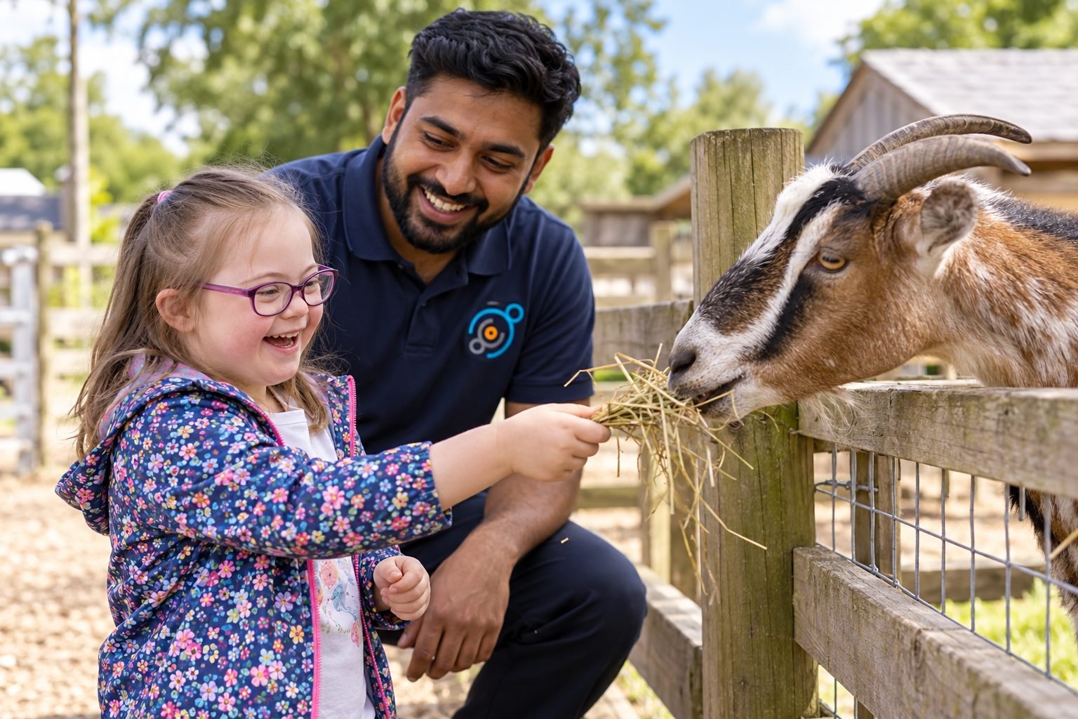 A young girl laughing as she feeds a goat with her support worker