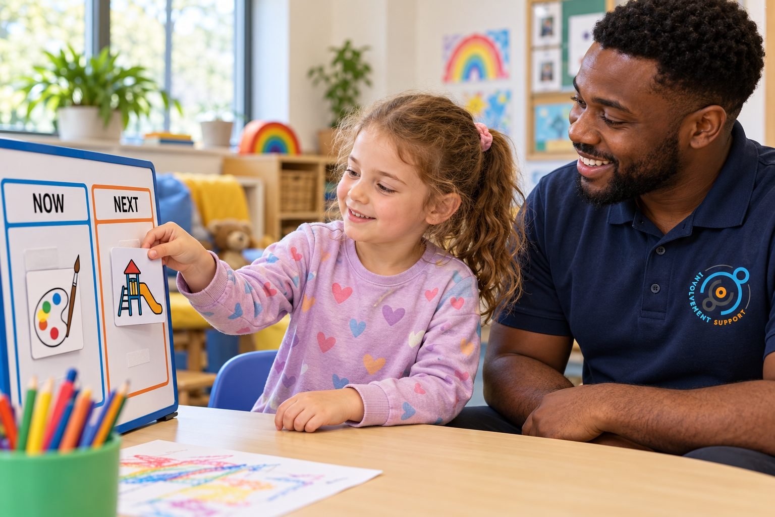 A young girl using a Now and Next board with her support worker