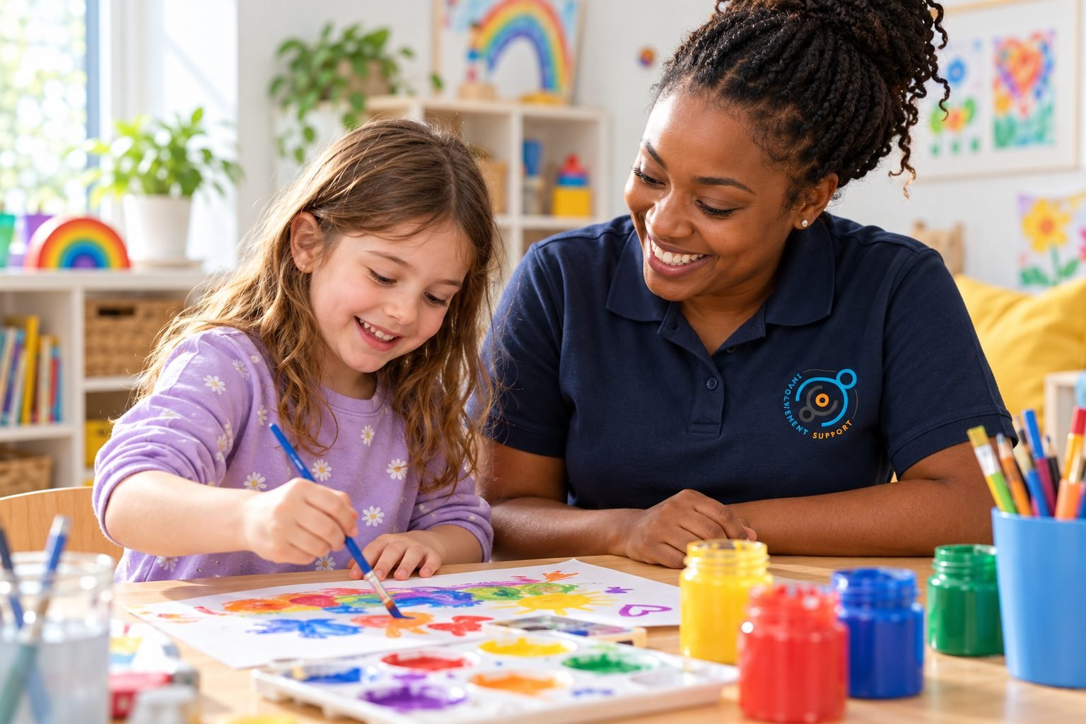 A young girl painting with her support worker