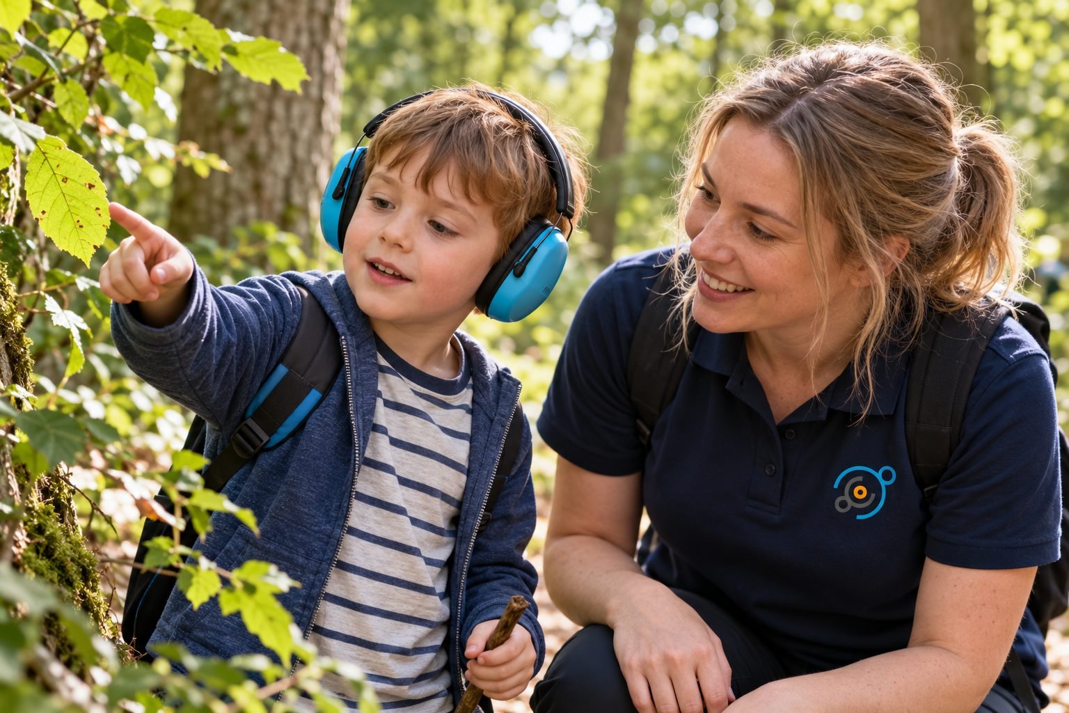 A boy exploring woodland with his support worker