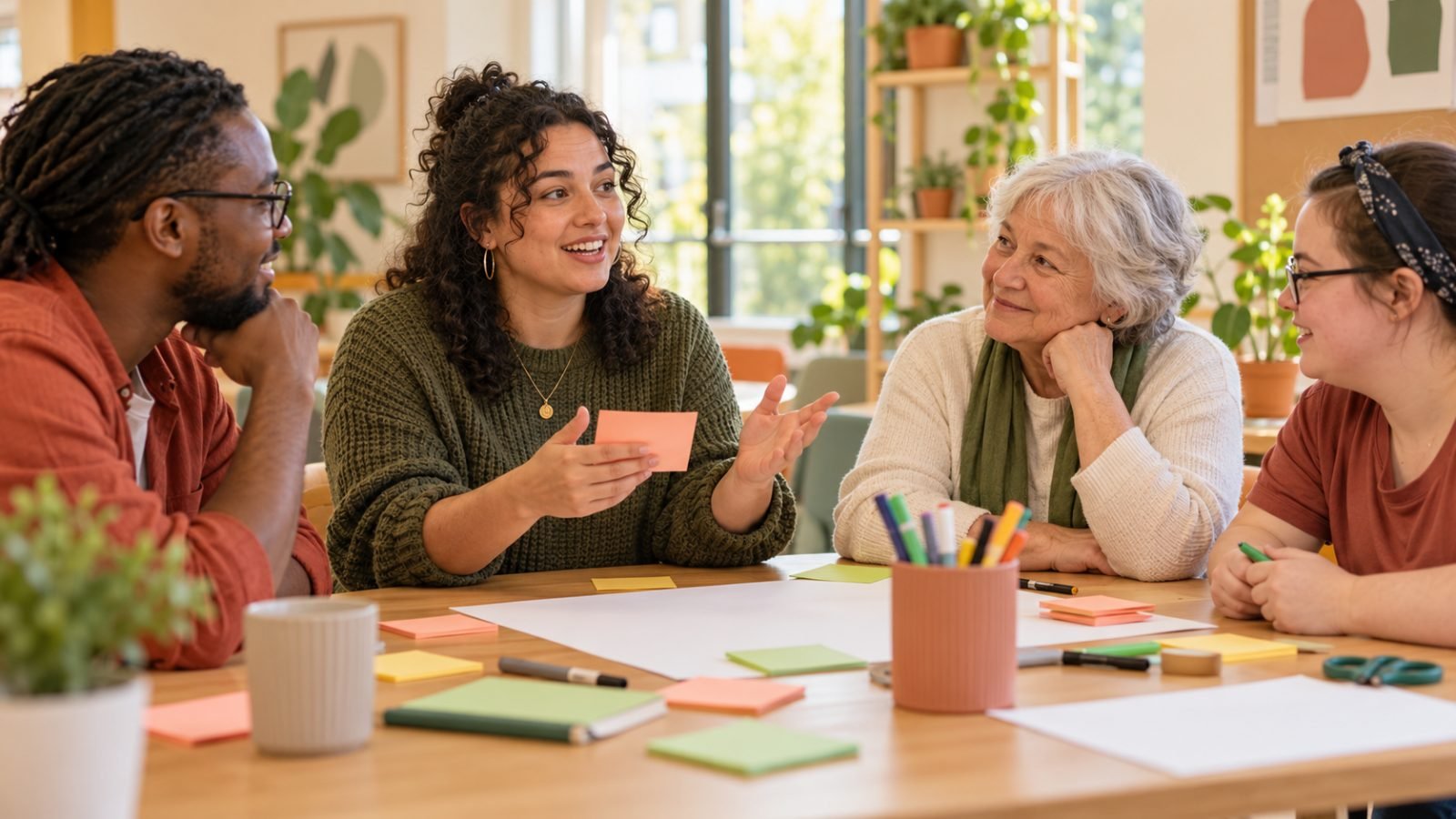 A group sharing ideas around a table