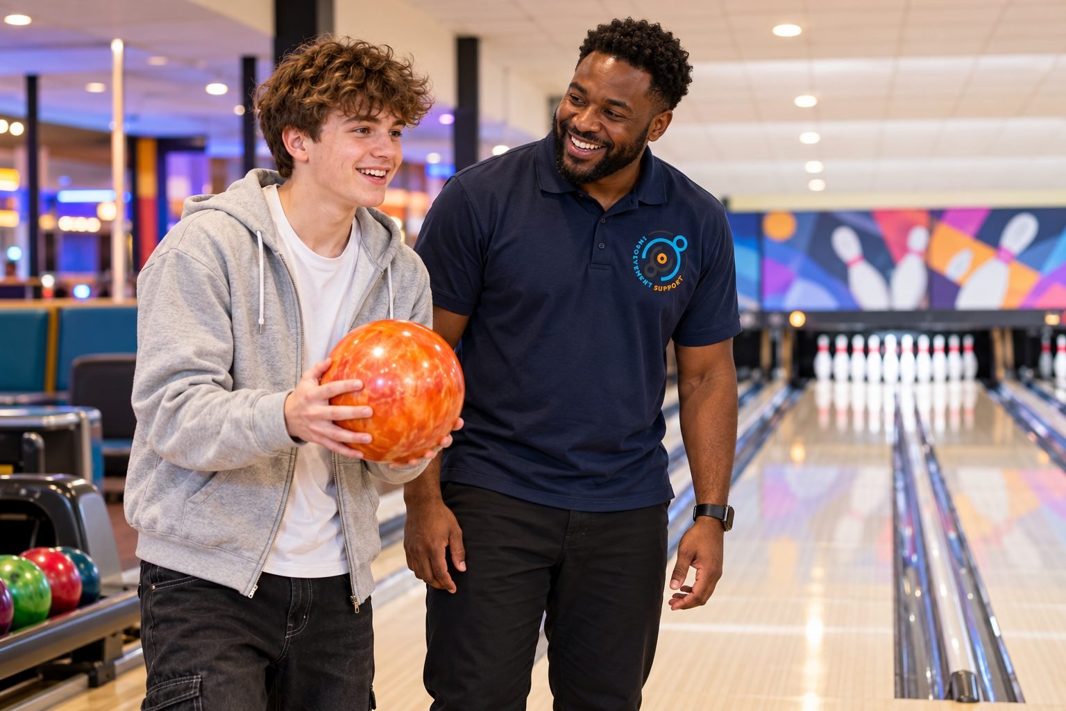 A young man bowling with his Involvement Support worker