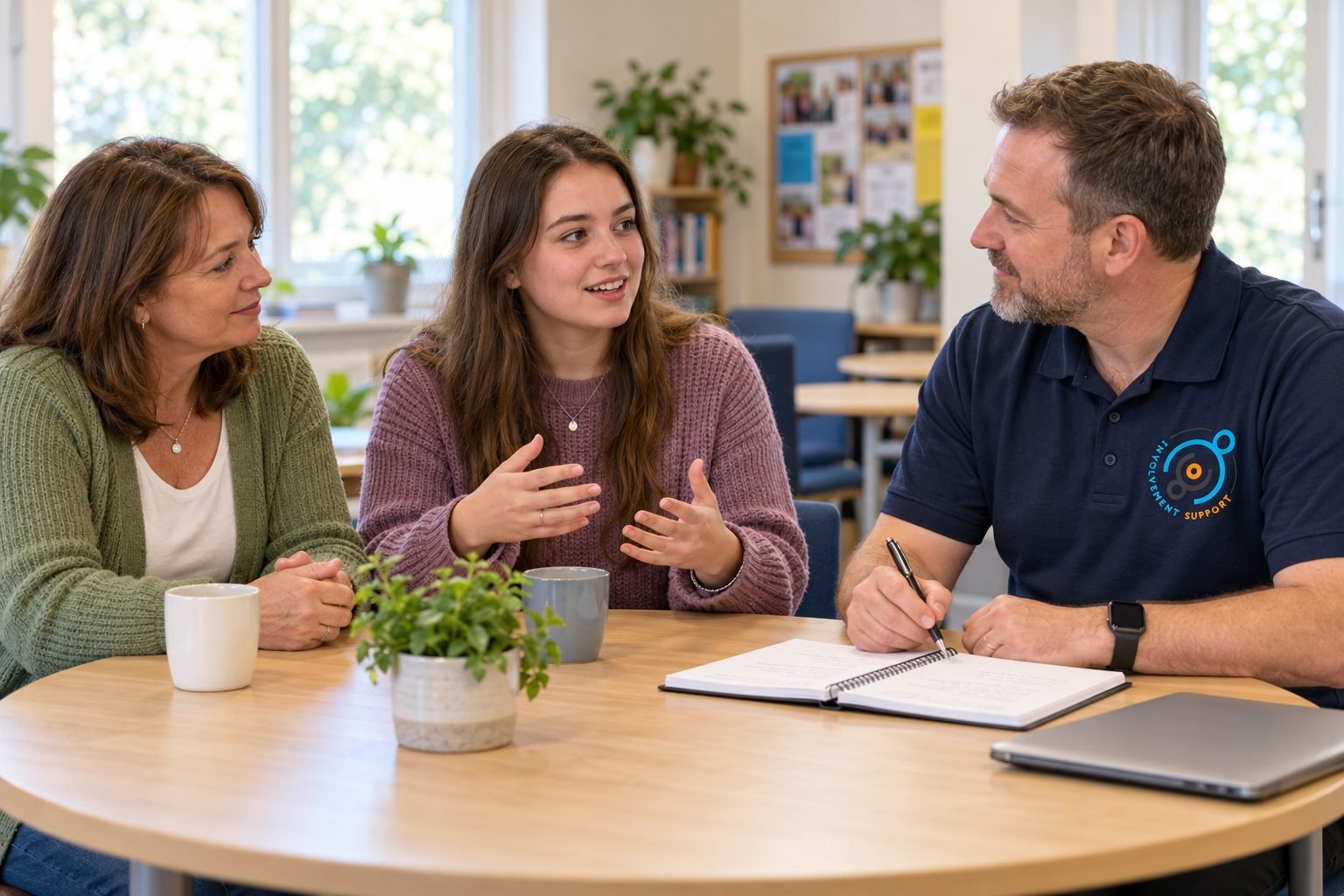 A young woman and her mum sharing feedback with an Involvement Support manager