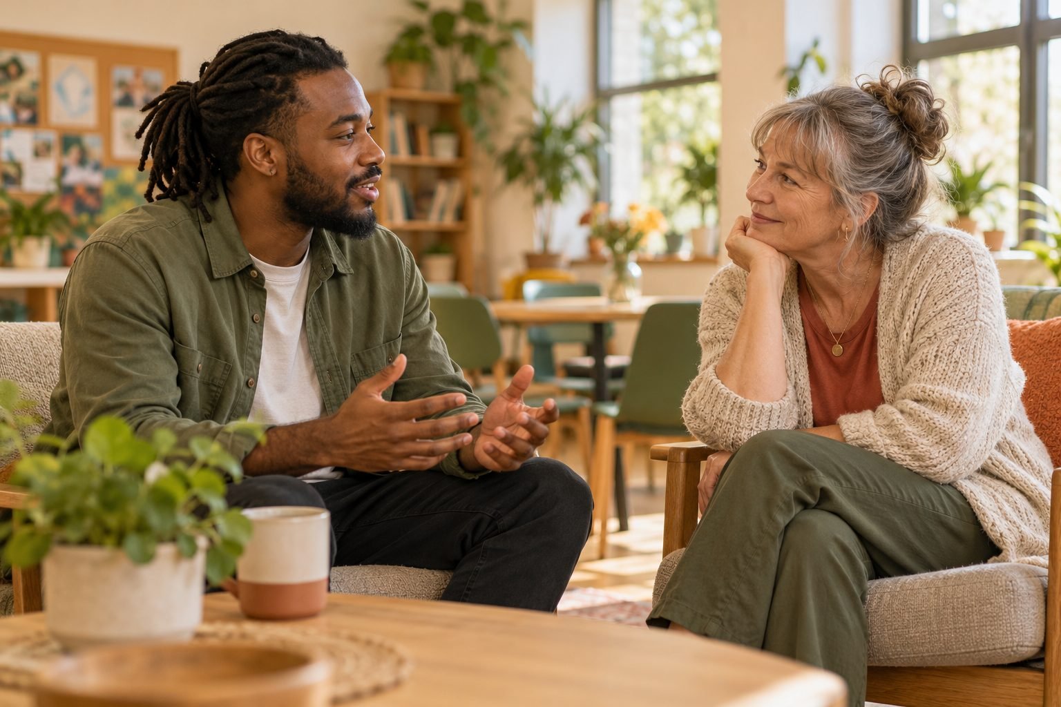 Two people in a one-to-one conversation