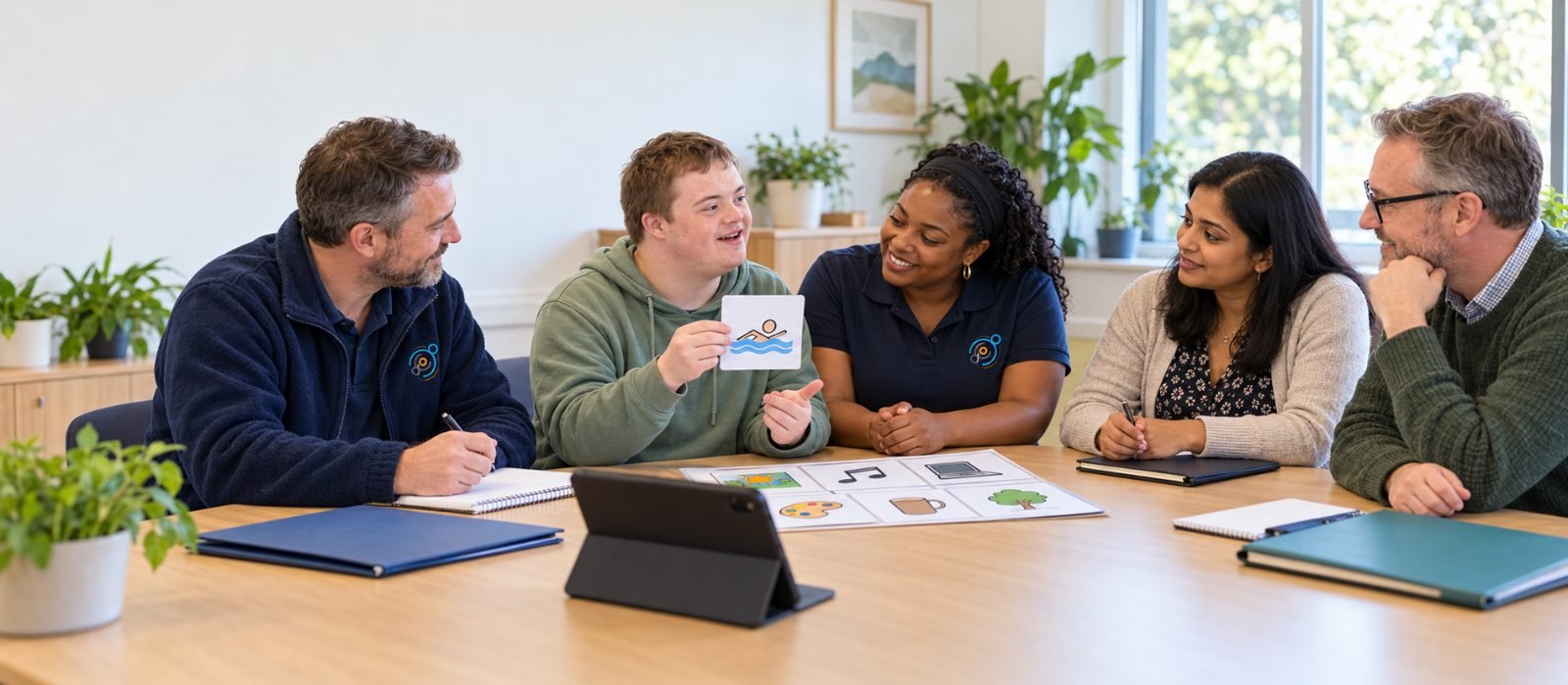 A young man using picture cards to share his choices in a meeting with Involvement Support staff and professionals