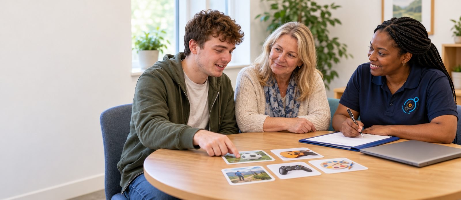 A young man choosing picture cards with his mum and an Involvement Support worker during a referral meeting