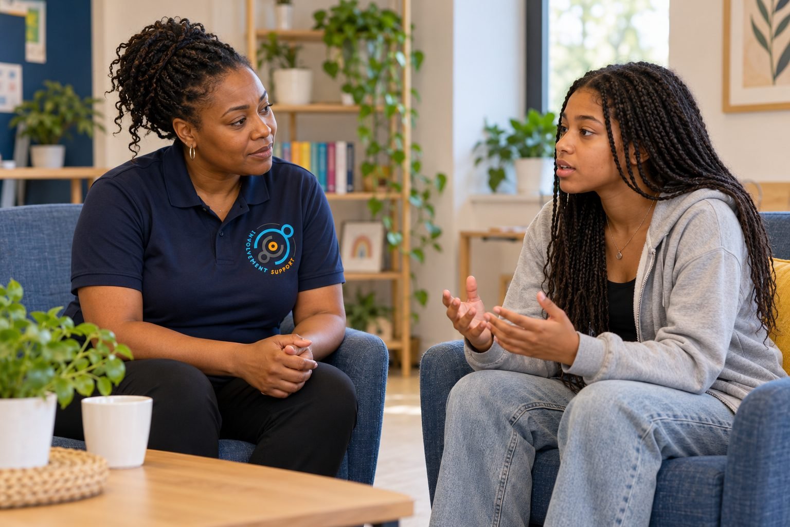 A support worker listening carefully to a young person