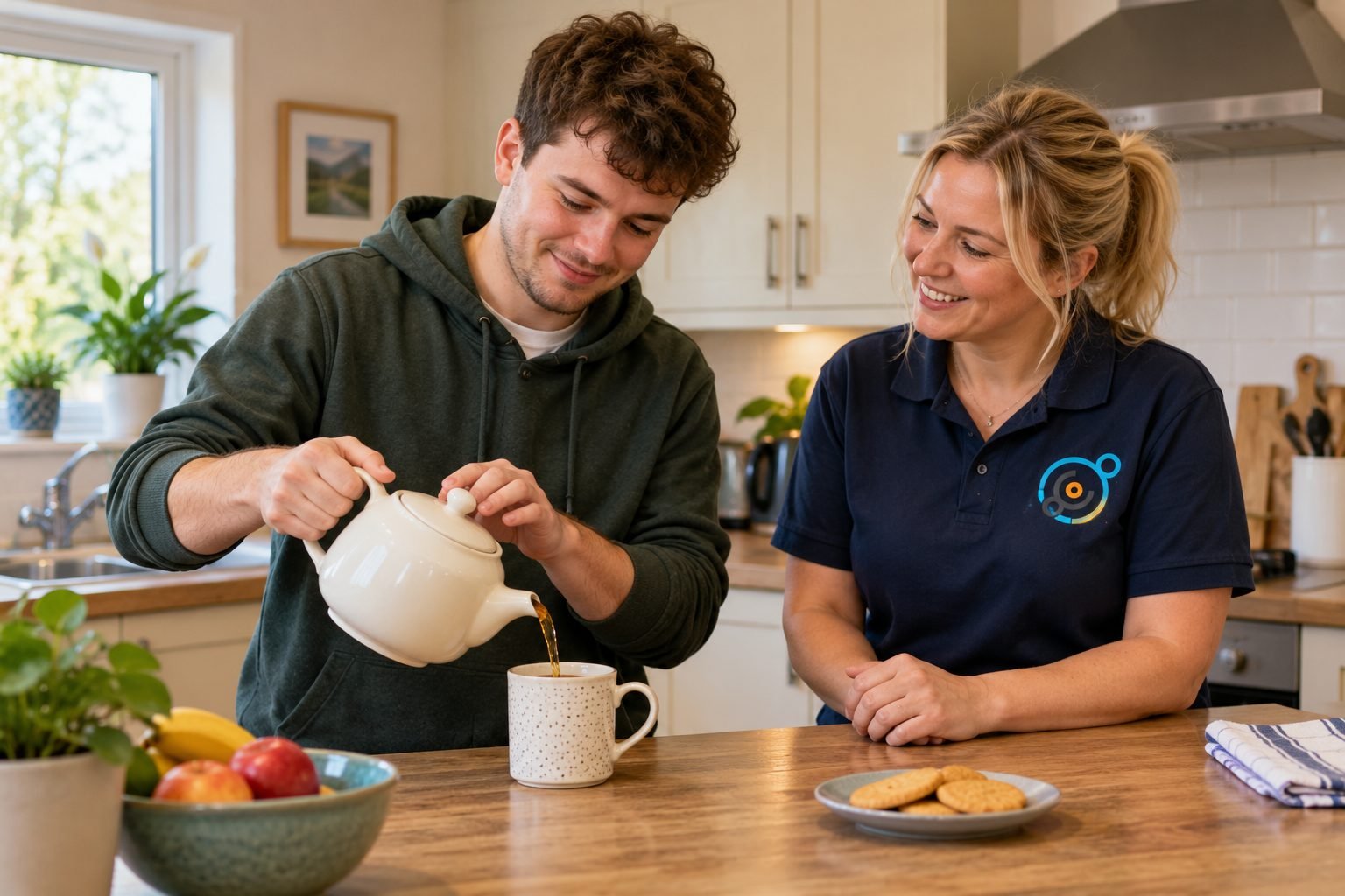 A young man making tea at home while his support worker looks on