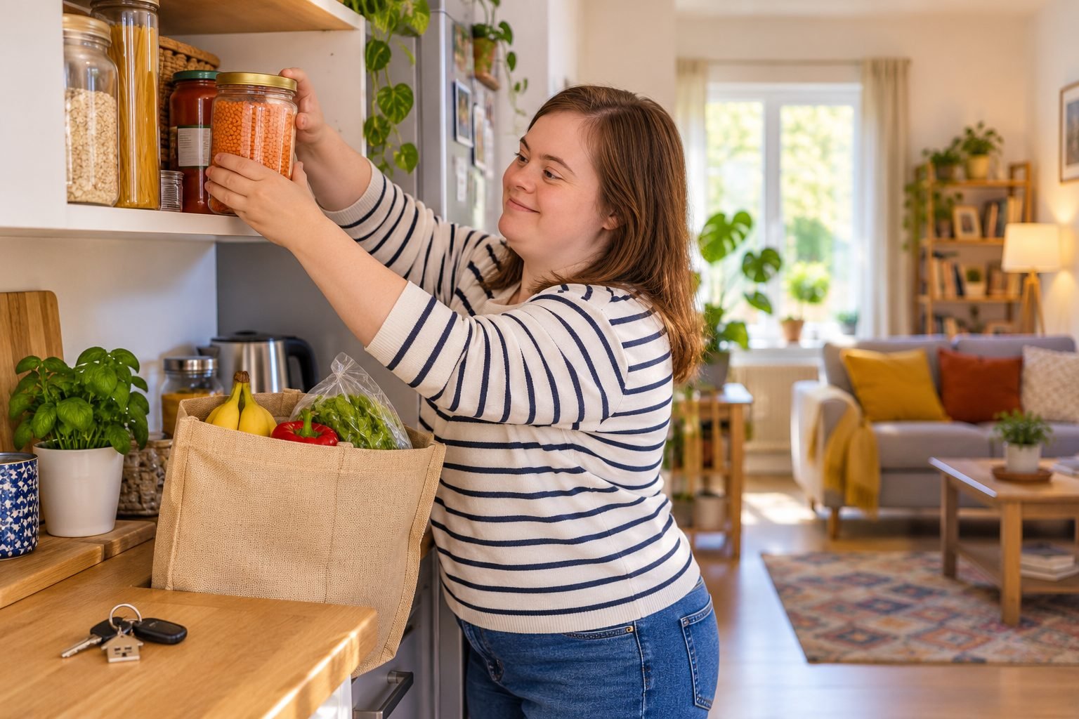 A young woman putting her shopping away in her own flat