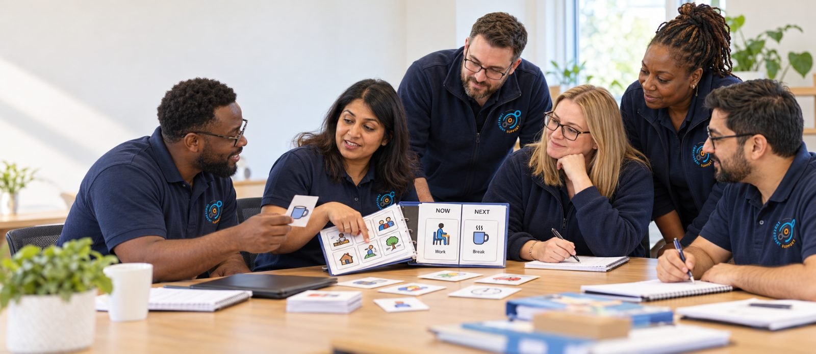 Involvement Support staff training together with picture cards and a now and next board