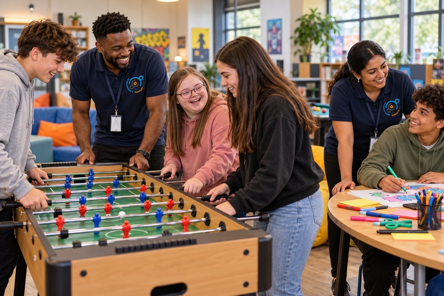 Young people playing table football and drawing at a youth club with Involvement Support staff