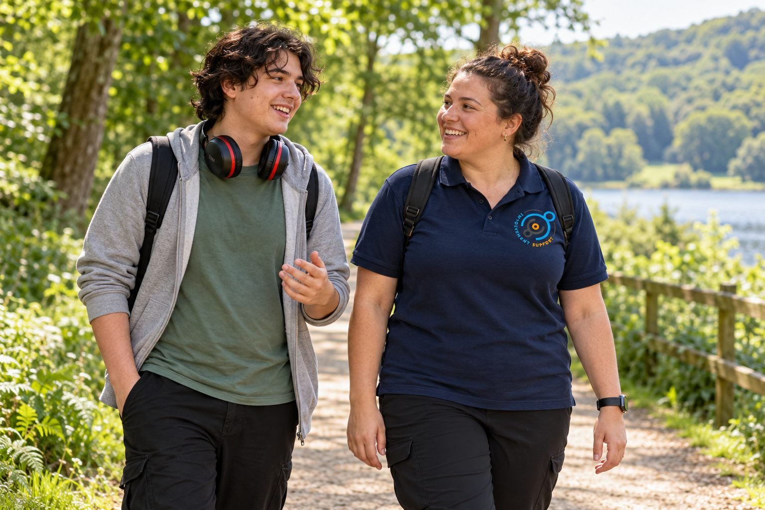 A young man walking in a country park with his support worker