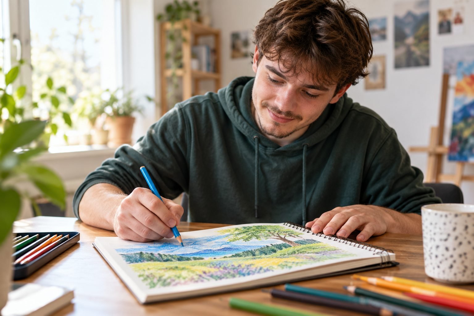 A young man drawing a landscape in his sketchbook