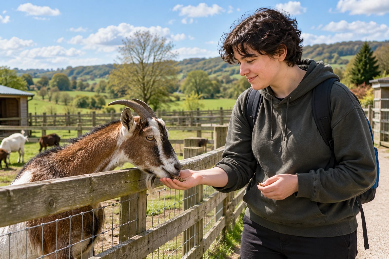 A young person feeding a goat at a farm