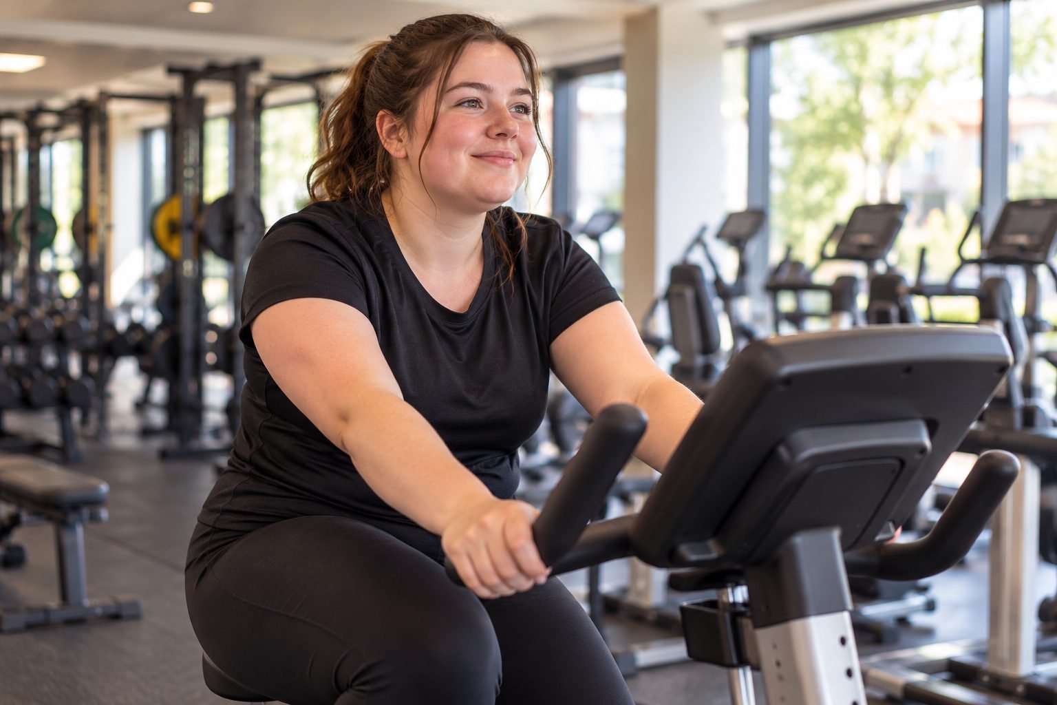 A young woman exercising on a bike at the gym