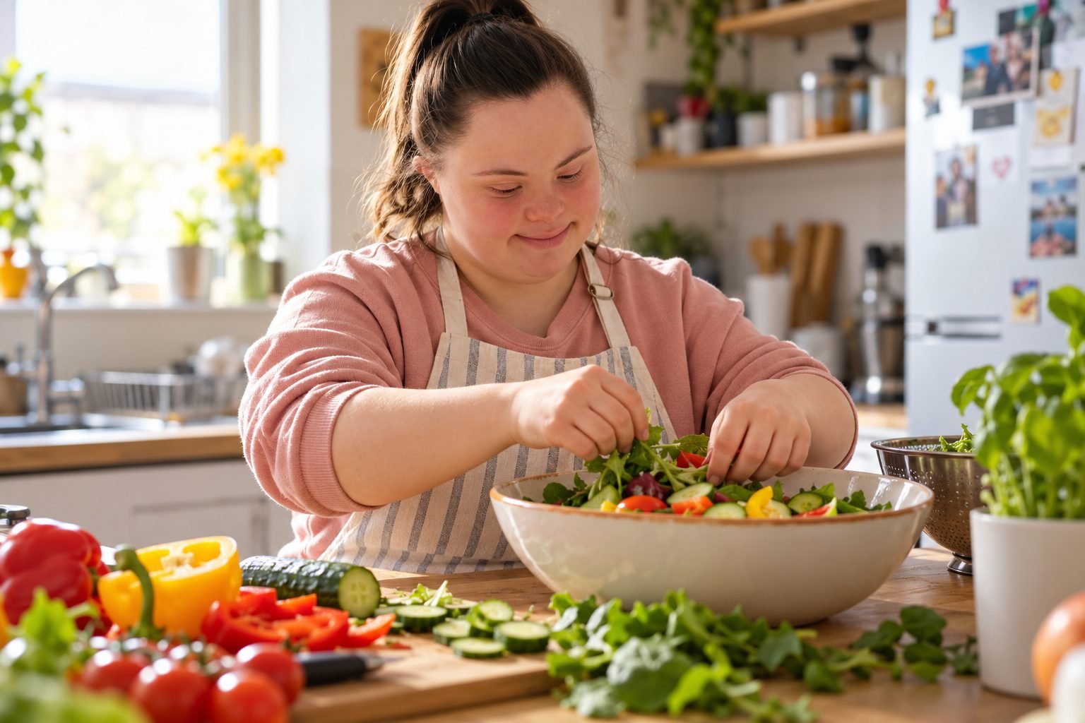 A young woman preparing a salad in her kitchen