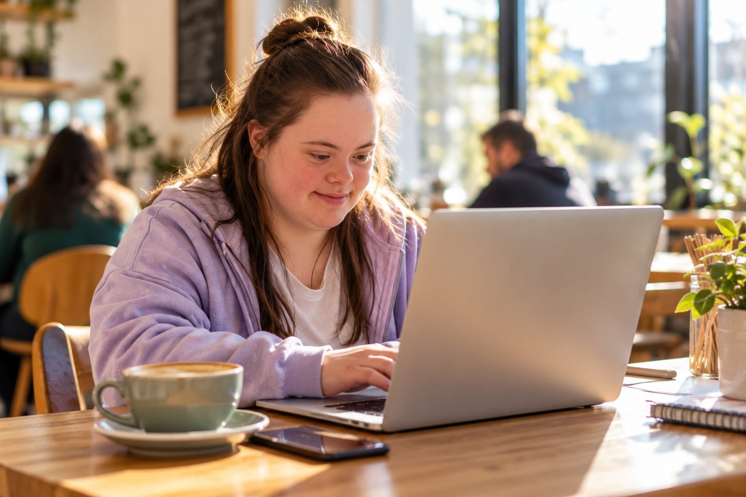 A young woman using a laptop in a cafe