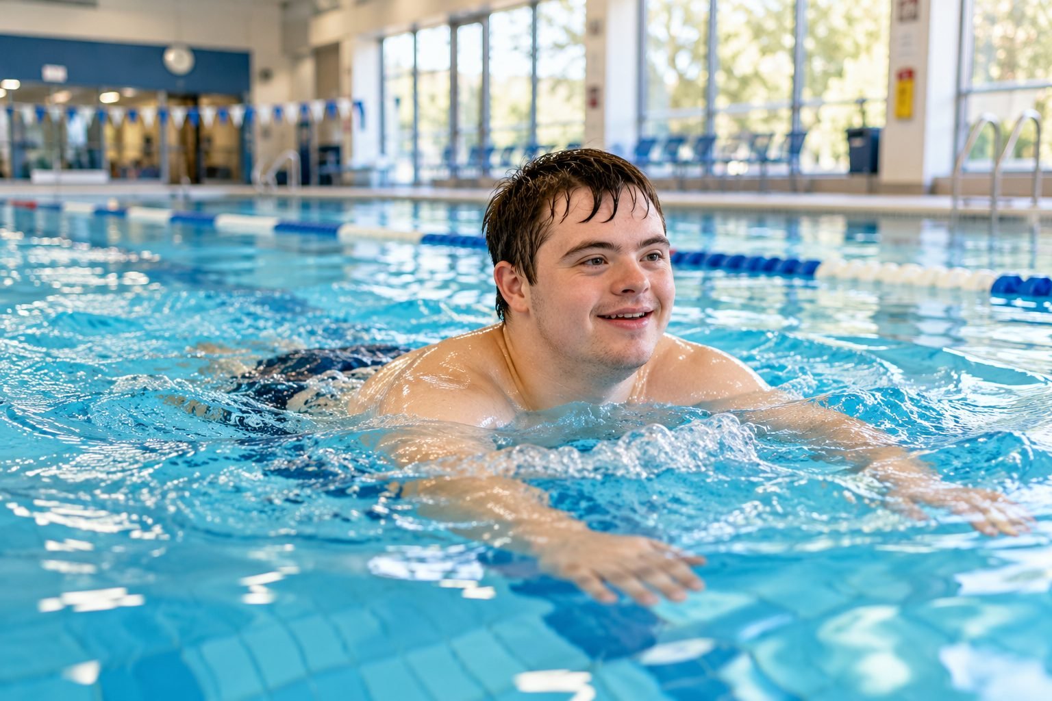 A young man swimming independently at a leisure centre