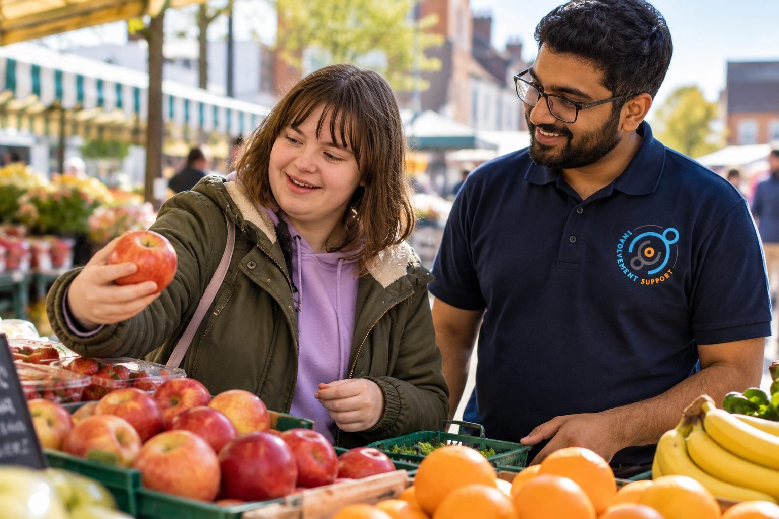A young woman choosing fruit at a market with her support worker