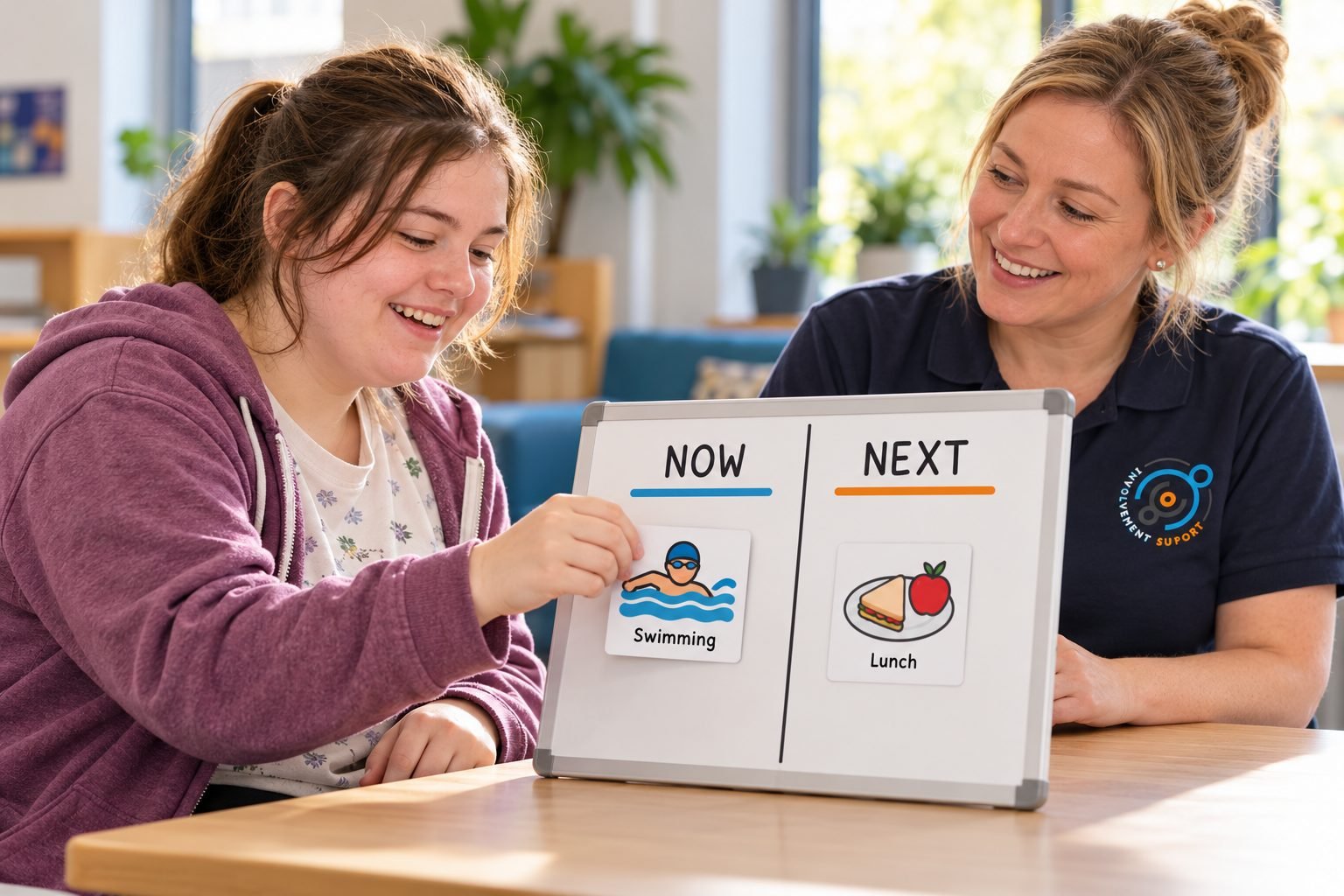 A young woman using a Now and Next board with her support worker