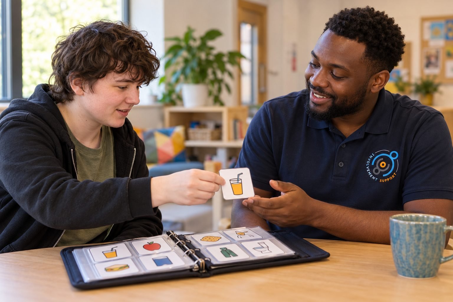 A young person using picture cards to communicate with a support worker