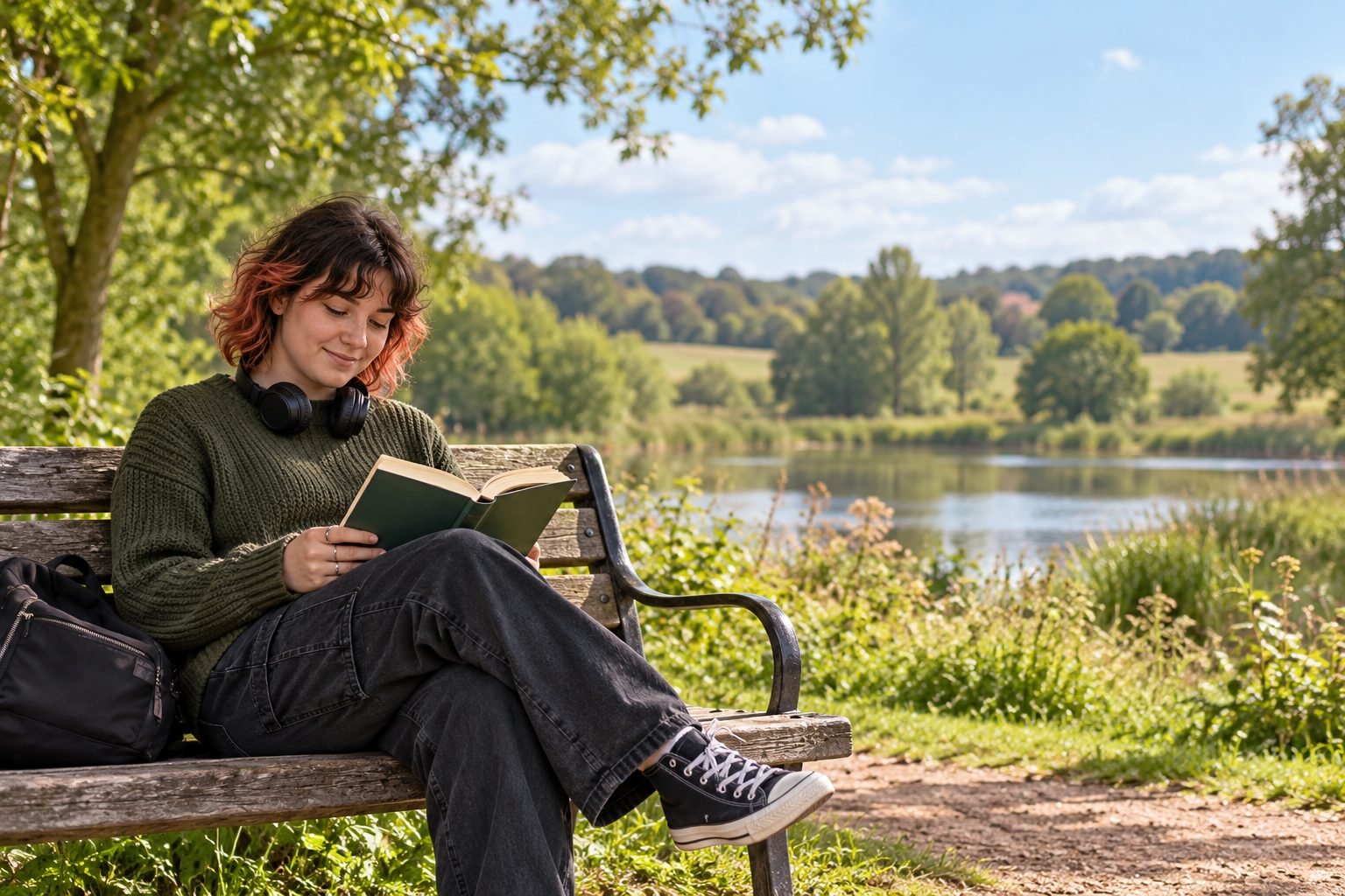 A young woman reading on a bench in a country park