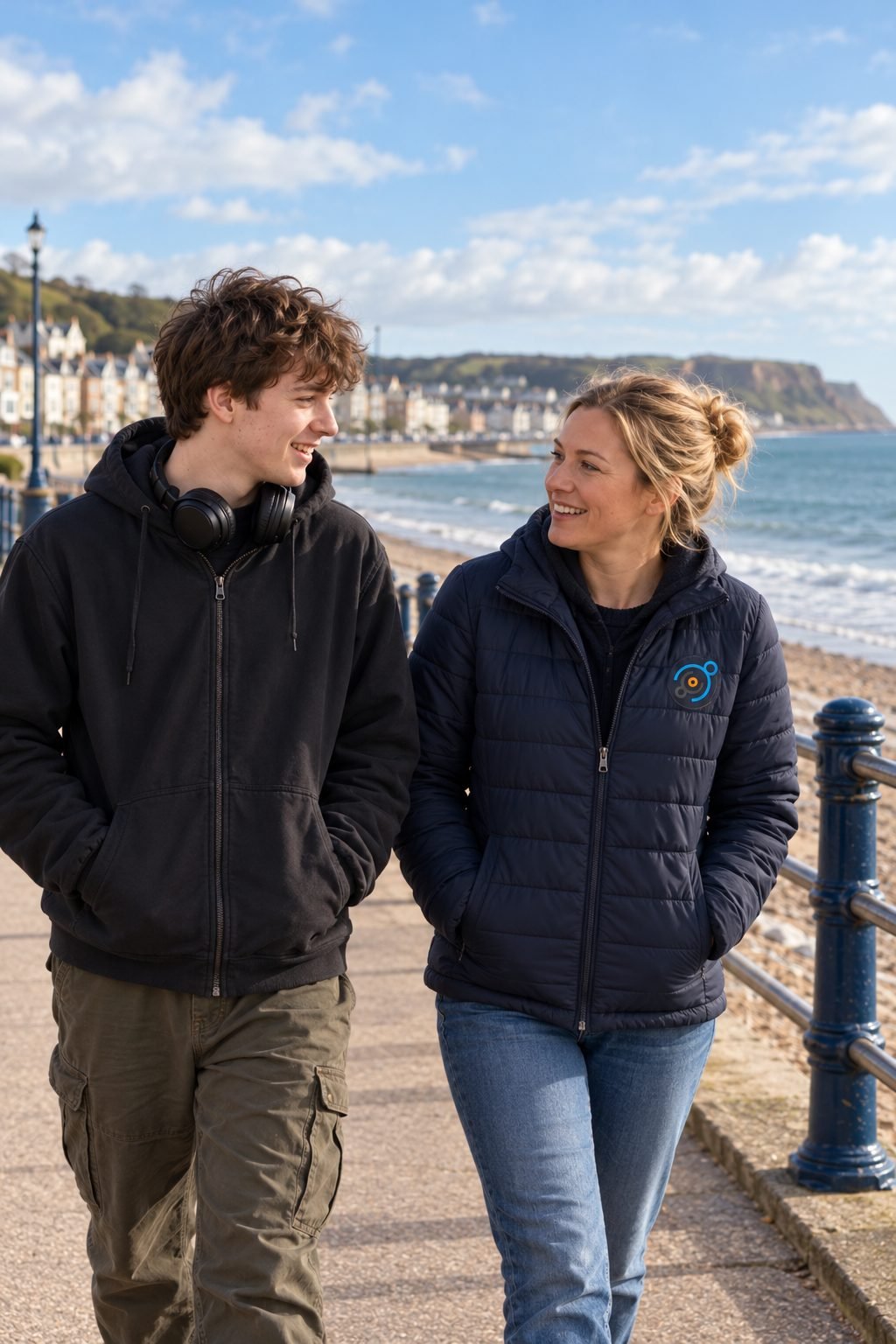 A young man walking along the seafront with his support worker