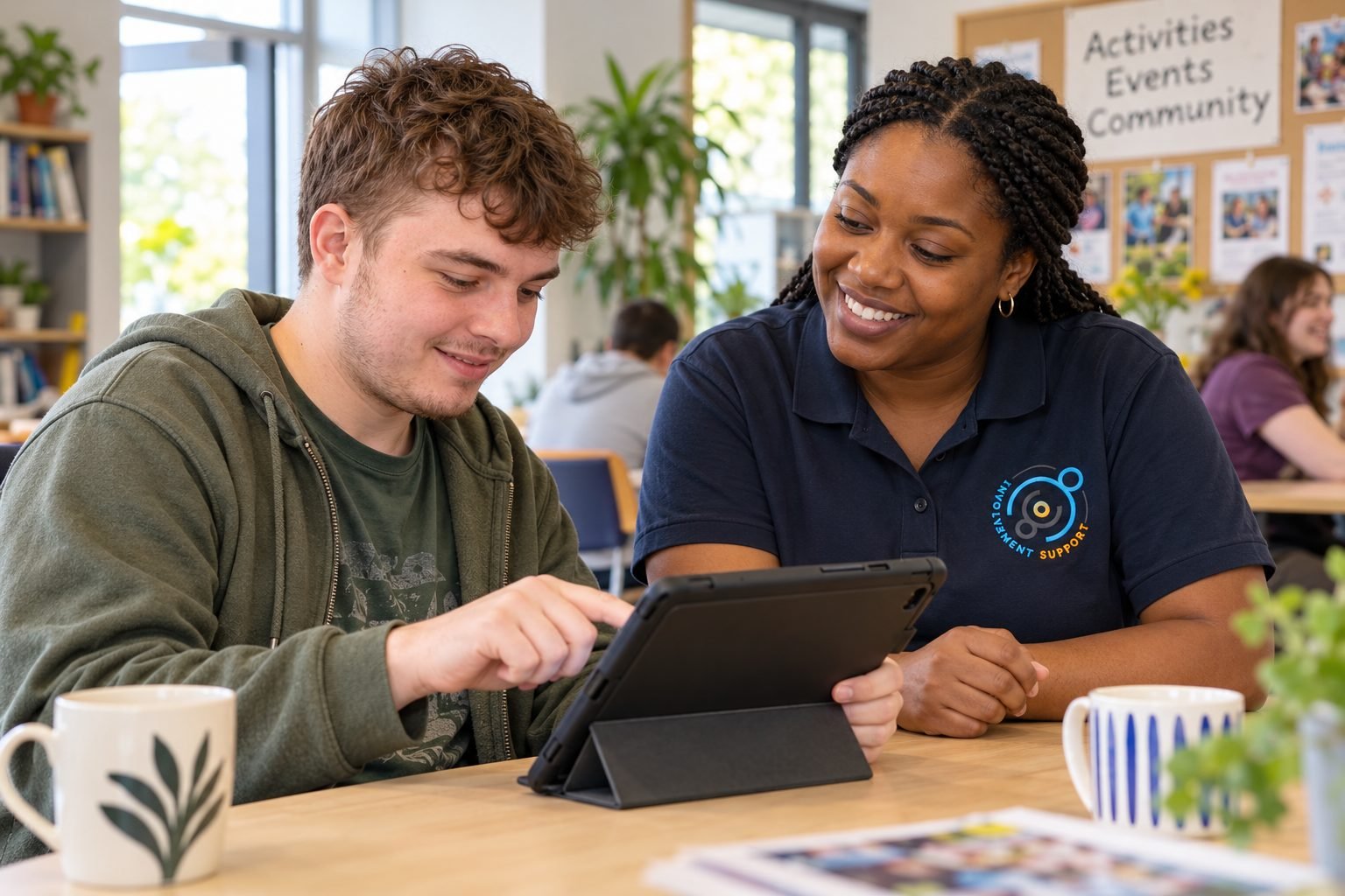 A young man using a tablet with his support worker