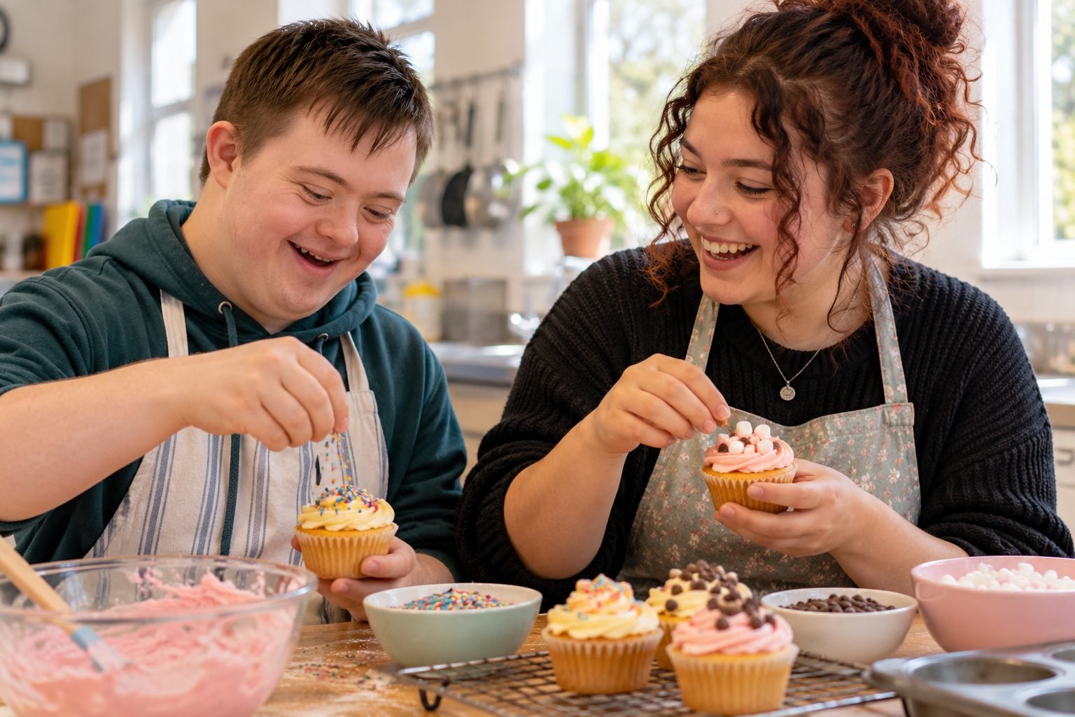 Two young people decorating cupcakes