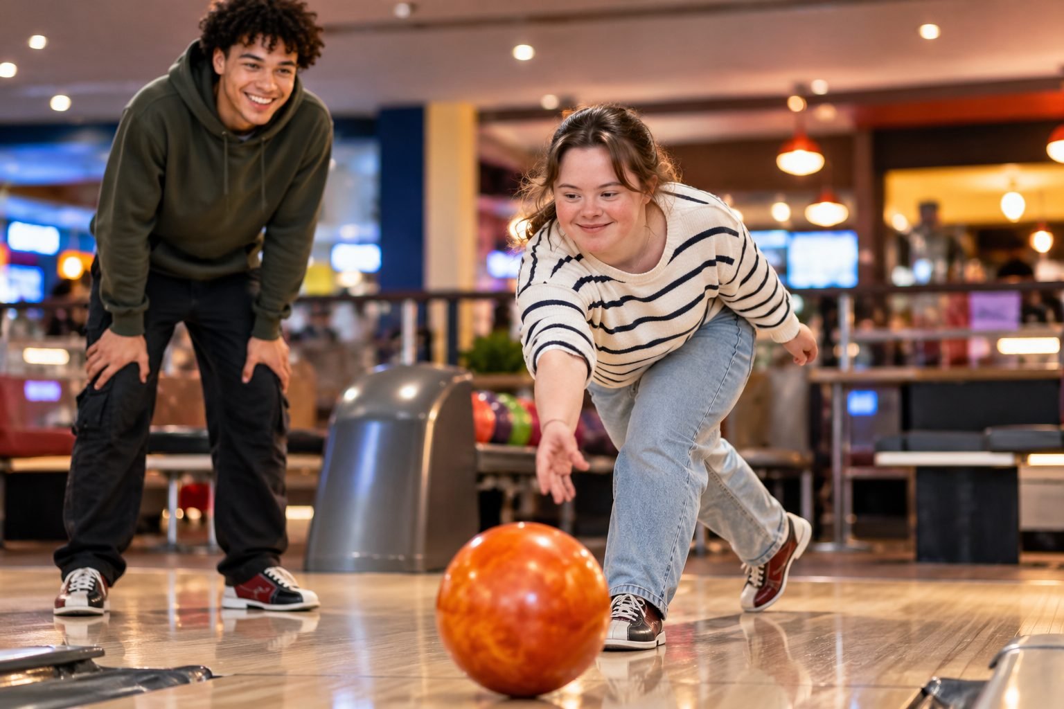Young people bowling together