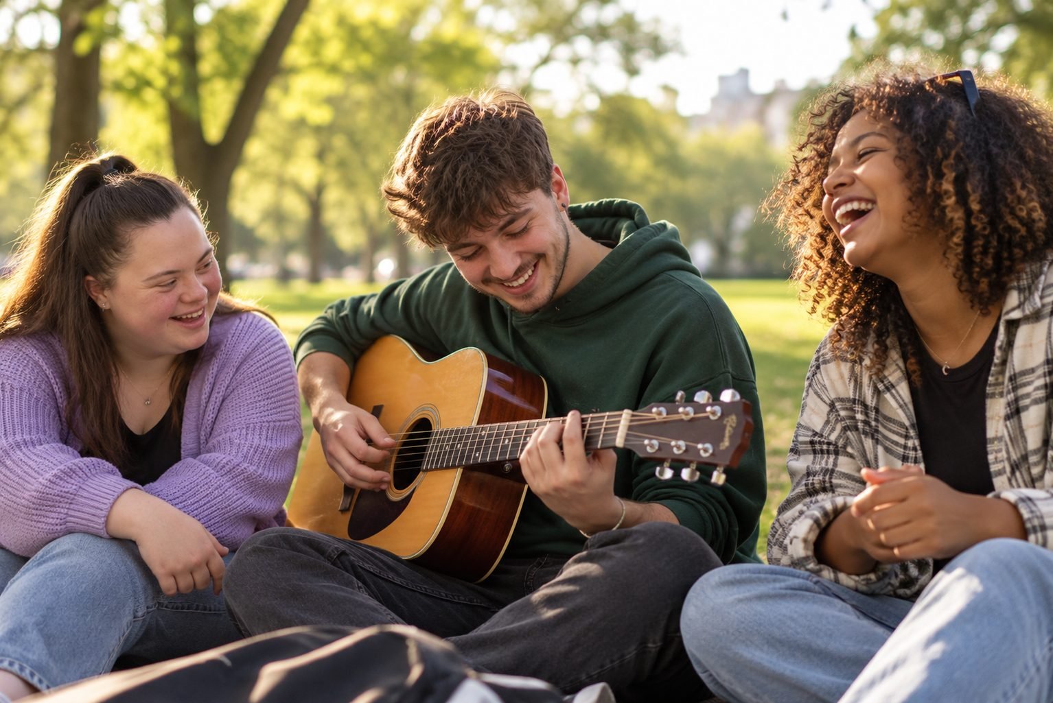 Young people playing guitar in a park