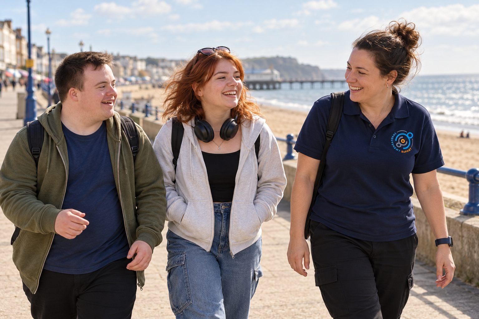 Two young people walking along the seafront with a support worker