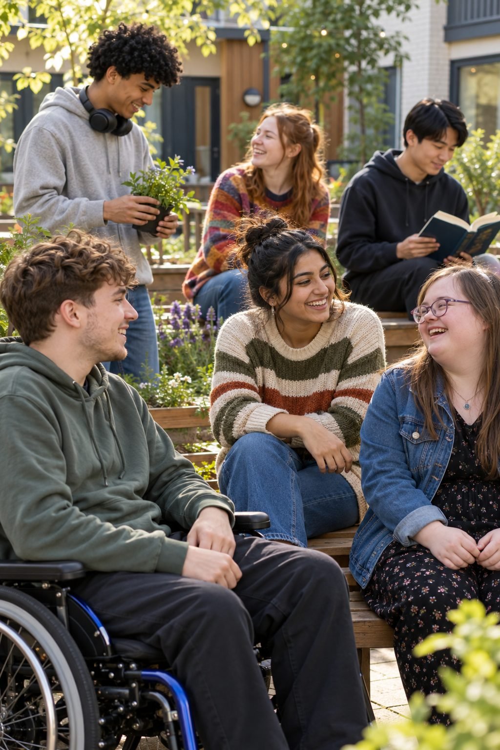 Young adults relaxing together in a shared garden